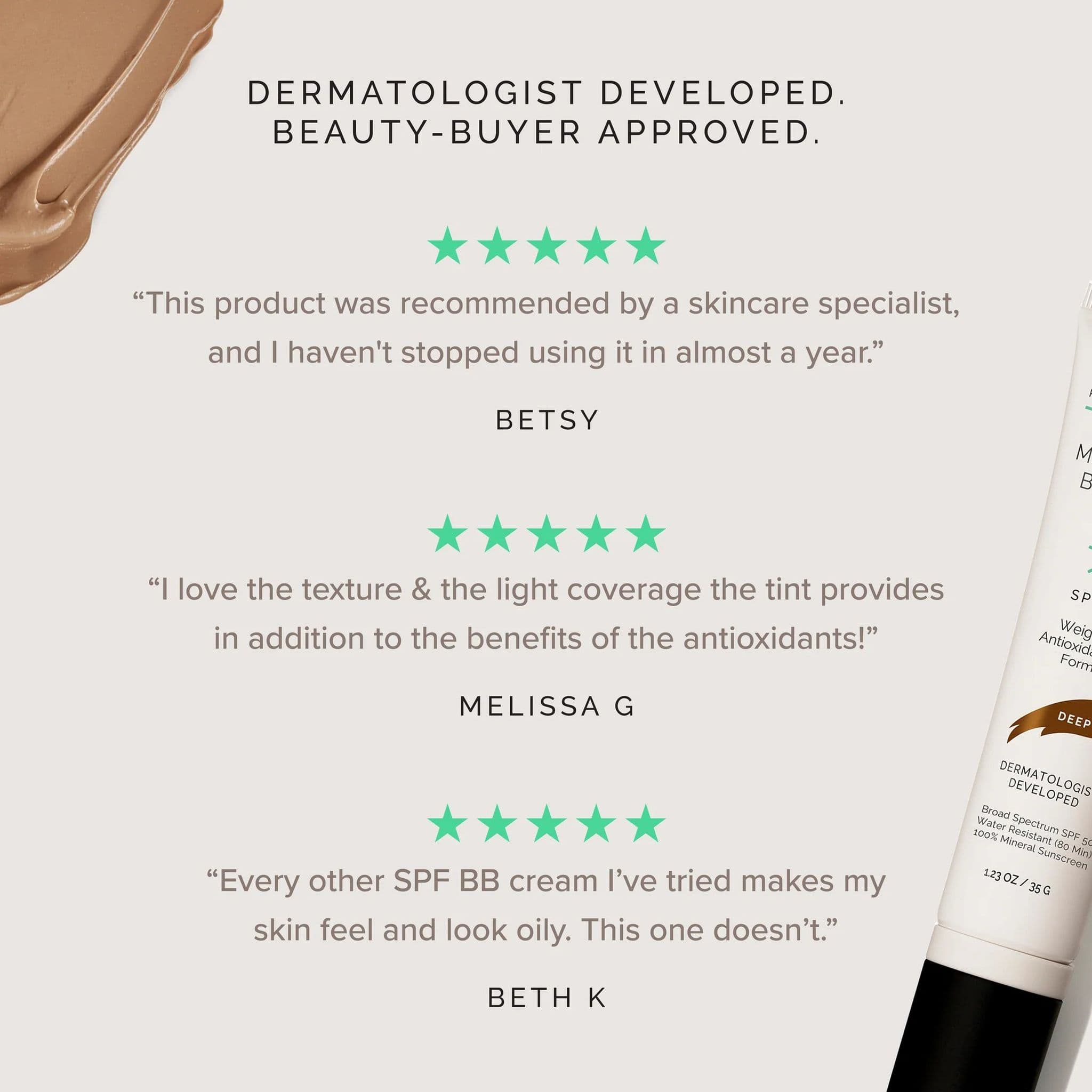 MDSolarSciences MD Mineral BB Creme SPF 50 five-star customer reviews dermatologist developed sunscreen BB cream 5