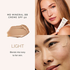 MDSolarSciences MD Mineral BB Creme SPF 50 Light shade swatch shown on model and skin close-up blending into fair skin 2