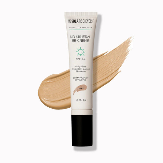 MDSolarSciences MD Mineral BB Creme SPF 50 Light shade tube with tinted foundation swatch 1