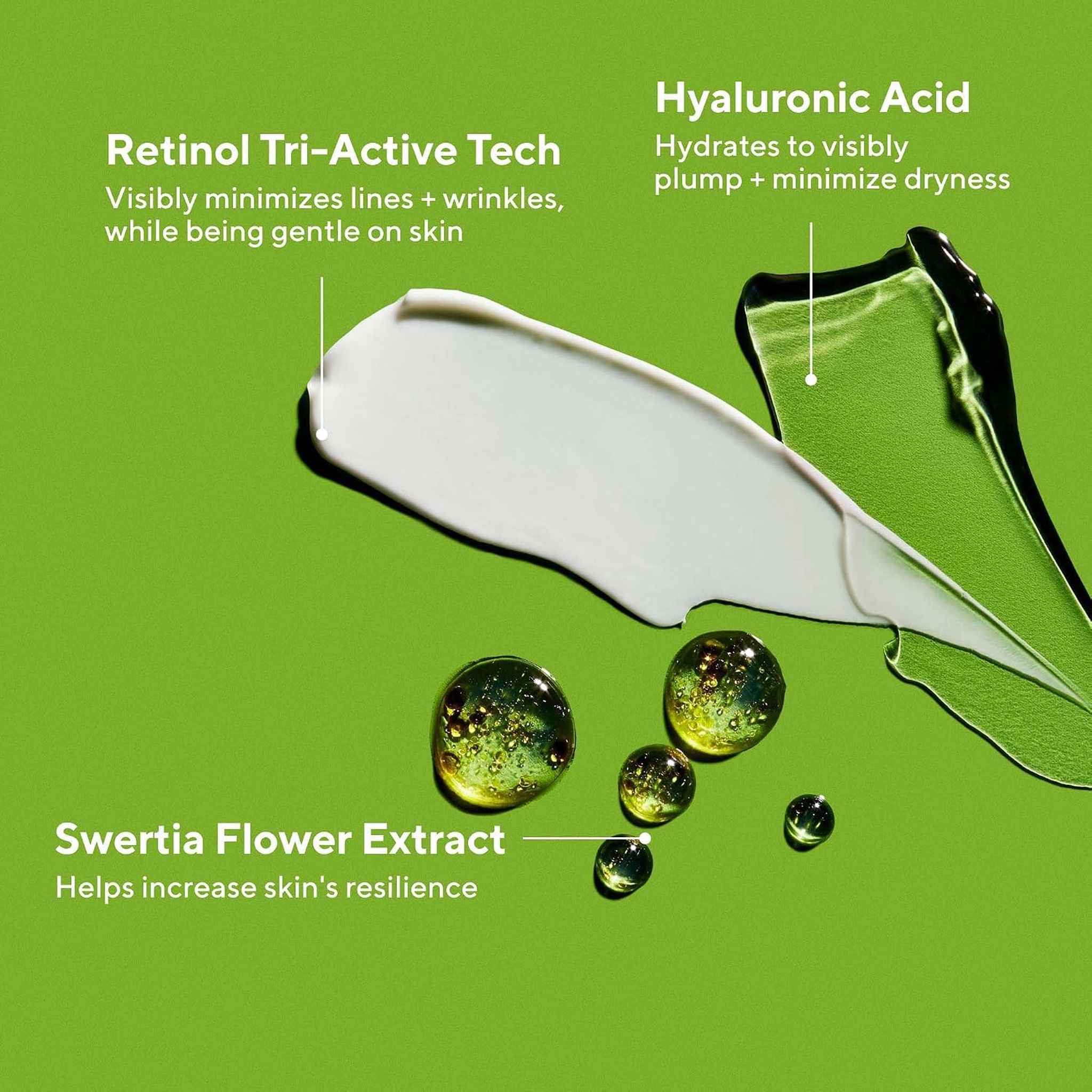 Retinol tri-active technology and hyaluronic acid serum texture