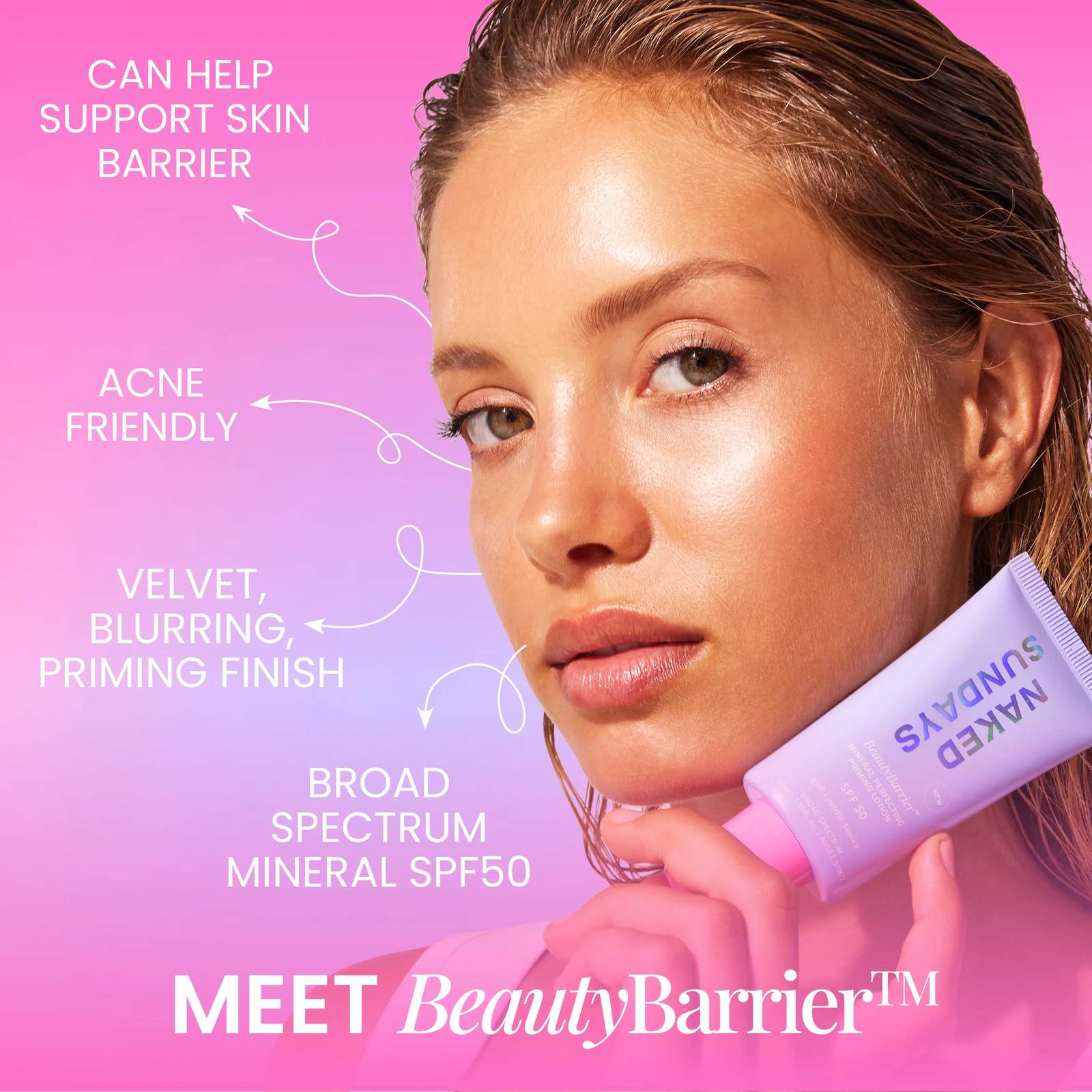 Naked Sundays BeautyBarrier SPF50 lotion benefits including skin barrier support and an acne friendly formula