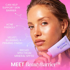 Naked Sundays BeautyBarrier SPF50 lotion benefits including skin barrier support and an acne friendly formula