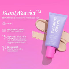Naked Sundays BeautyBarrier SPF50 lotion features broad spectrum mineral protection and centella asiatica