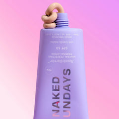 Cream swirl of Naked Sundays BeautyBarrier SPF50 priming lotion on the tube nozzle