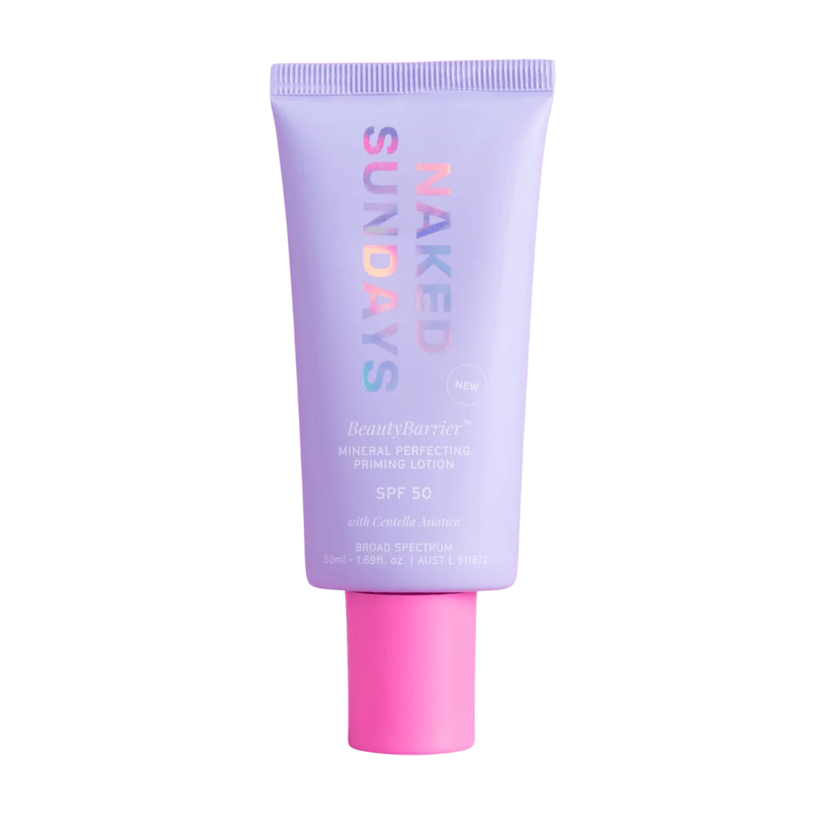Naked Sundays BeautyBarrier SPF50 mineral priming lotion tube on a purple to pink gradient background