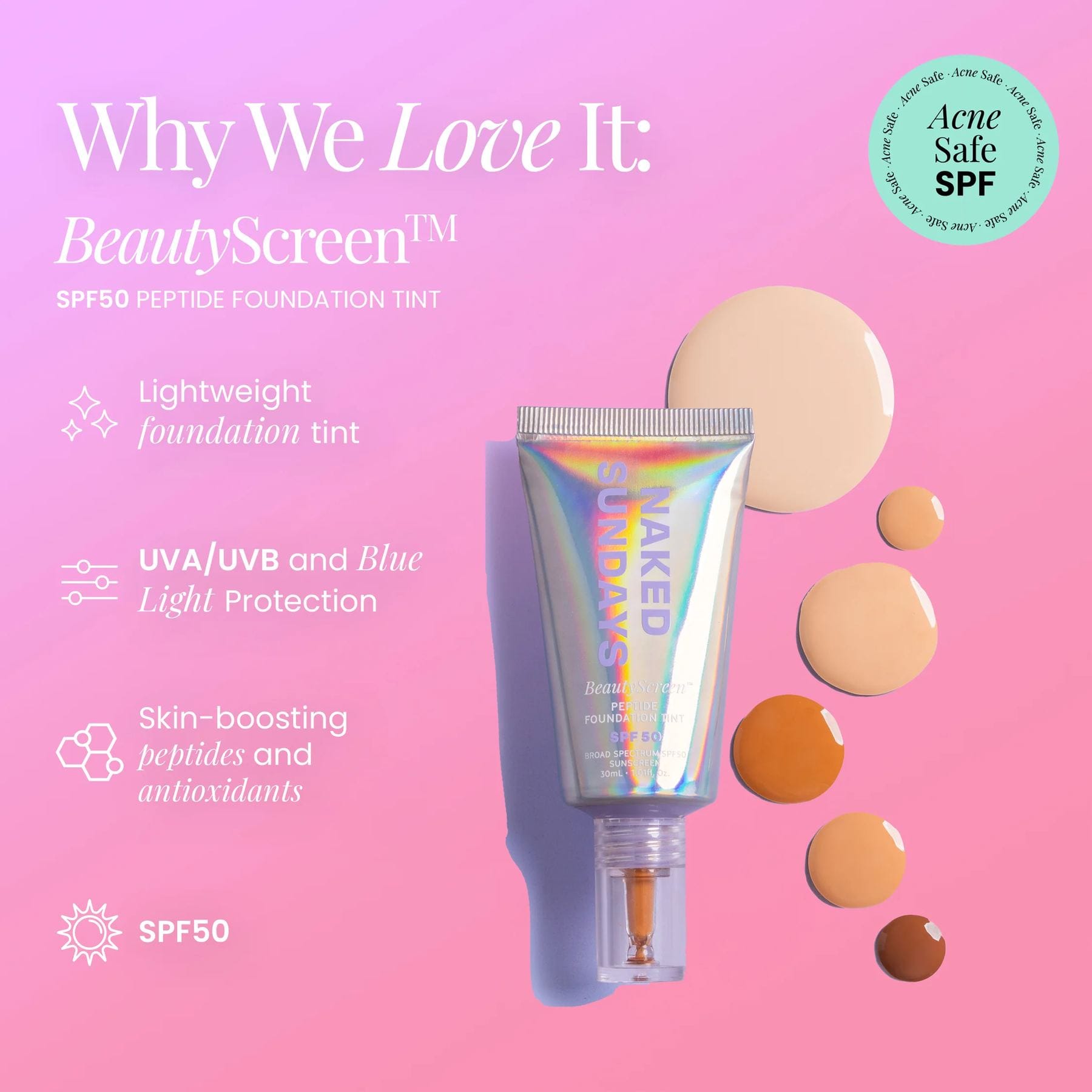 Naked Sundays BeautyScreen SPF50 peptide foundation tint benefits including UVA UVB and blue light protection 3
