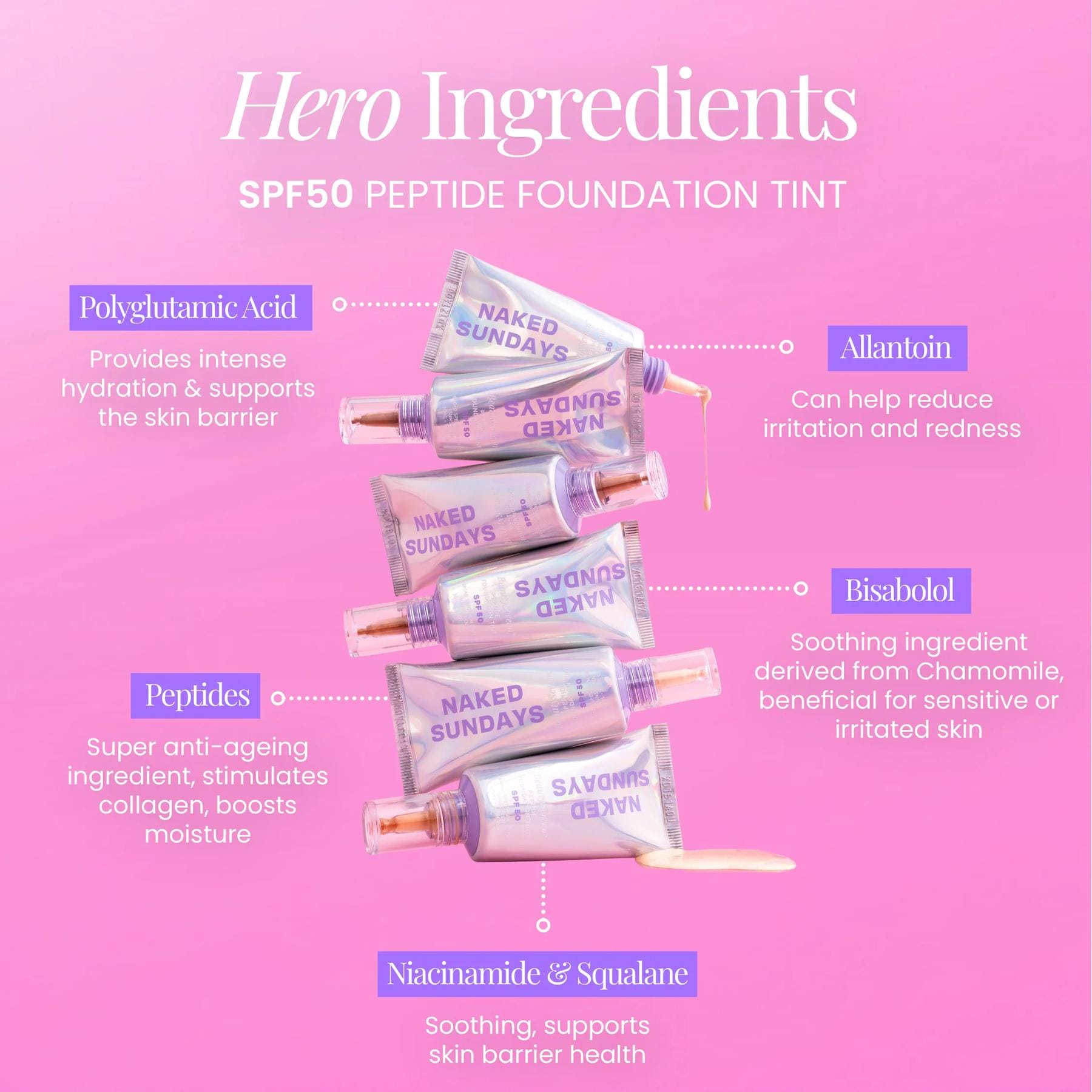 Naked Sundays BeautyScreen SPF50 peptide foundation tint hero ingredients including peptides and polyglutamic acid 4