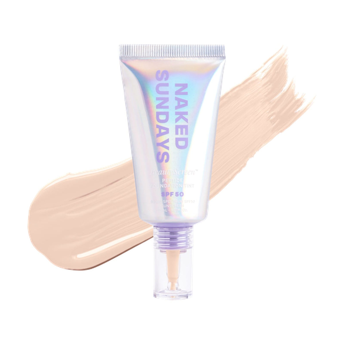 Naked Sundays BeautyScreen SPF50 peptide foundation tint tube with a light shade 1.5 cream swatch 1