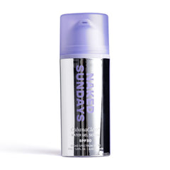 Naked Sundays CabanaClear illuminating water gel serum SPF50 bottle standing on a white background
