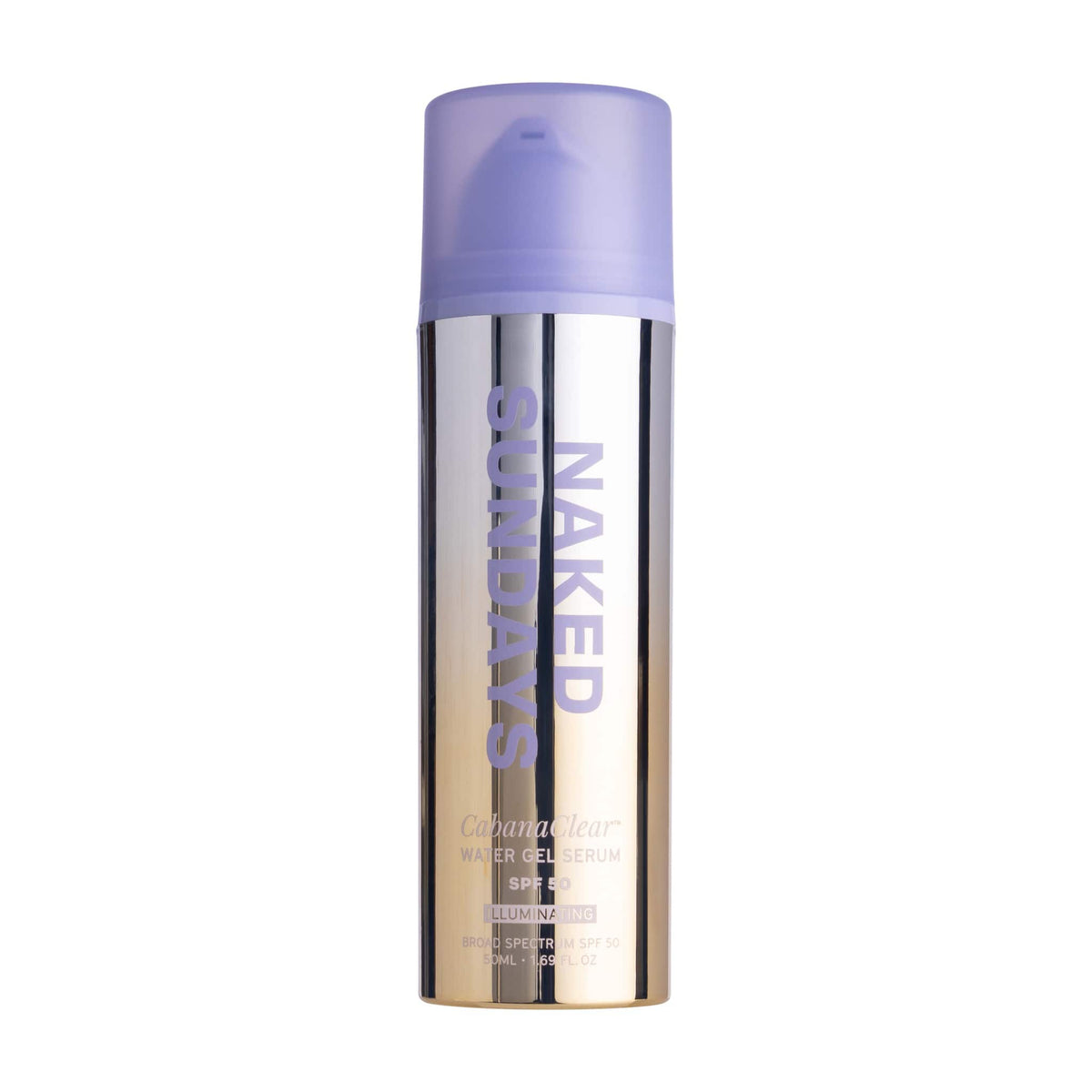 Naked Sundays CabanaClear illuminating water gel serum SPF50 bottle on a white background