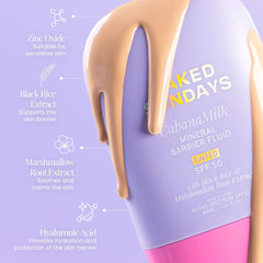 Naked Sundays CabanaMilk SPF50 fluid ingredients including zinc oxide black rice and marshmallow root
