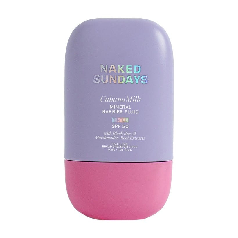 Naked Sundays CabanaMilk tinted mineral barrier fluid SPF50 bottle on a white background