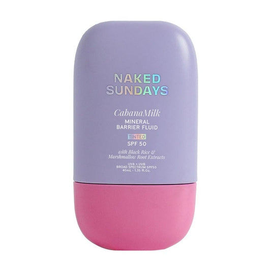 Naked Sundays CabanaMilk tinted mineral barrier fluid SPF50 bottle on a white background