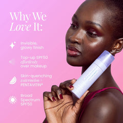 Naked Sundays Hydrating Glow Mist SPF50 benefits including an invisible glowy finish over makeup