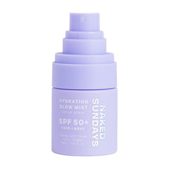 Naked Sundays Hydrating Glow Mist SPF50 face and body spray bottle 30ml on a white background