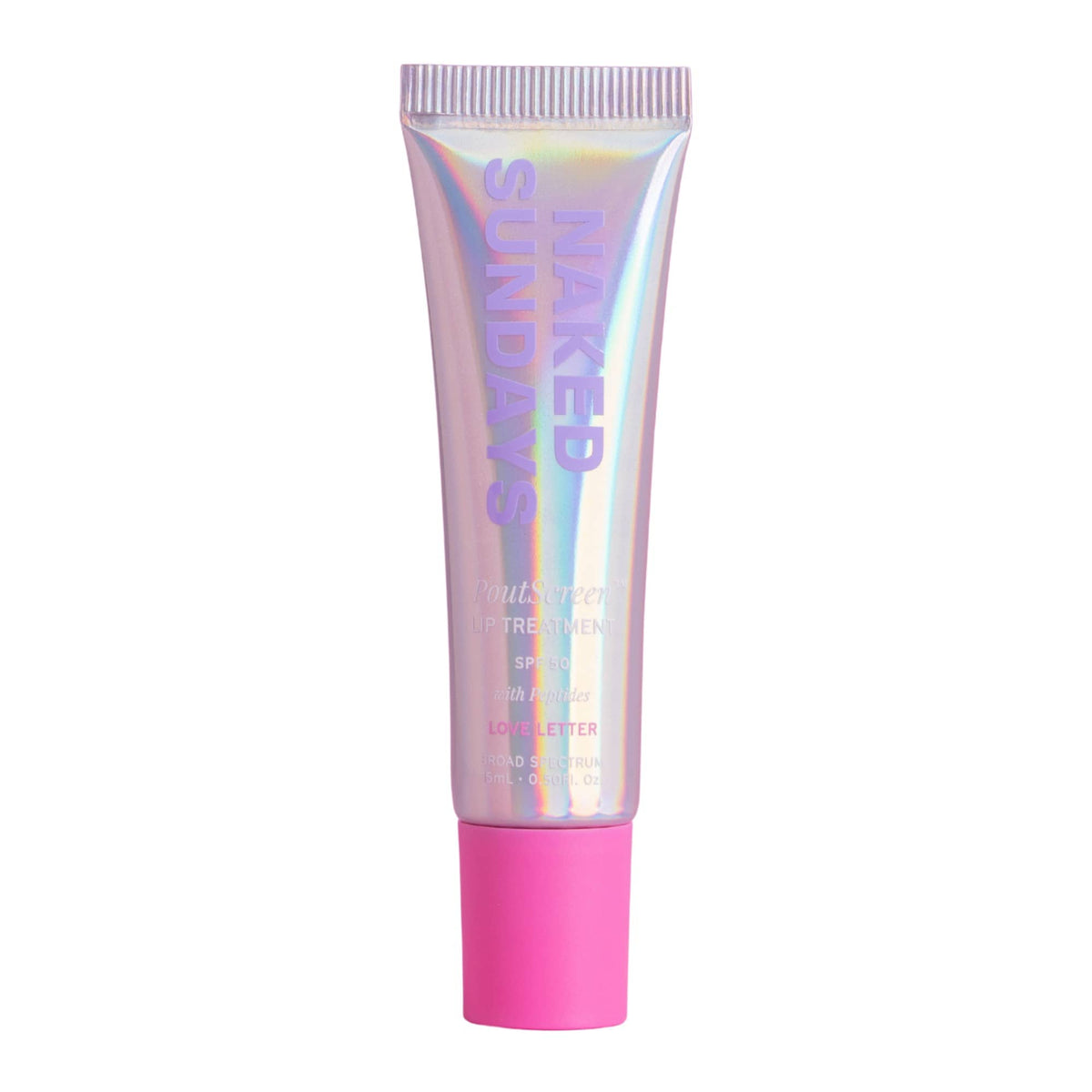 Naked Sundays PoutScreen Love Letter lip treatment SPF50 tube on a white background 1