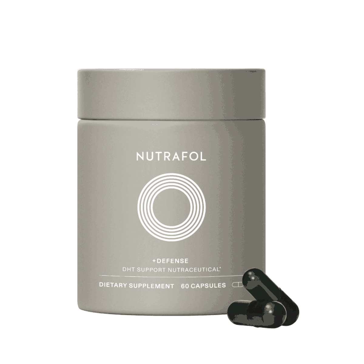 Nutrafol +Defense DHT support supplement bottle with capsules and NSF certification