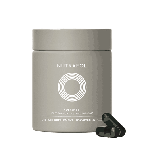 Nutrafol +Defense DHT support supplement bottle with capsules and NSF certification