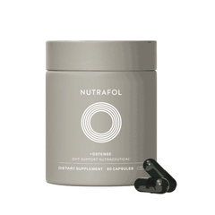 Nutrafol +Defense DHT support supplement bottle with capsules and NSF certification