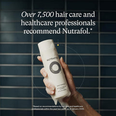 Hand holding Nutrafol Root Purifier endorsed by hair and healthcare professionals
