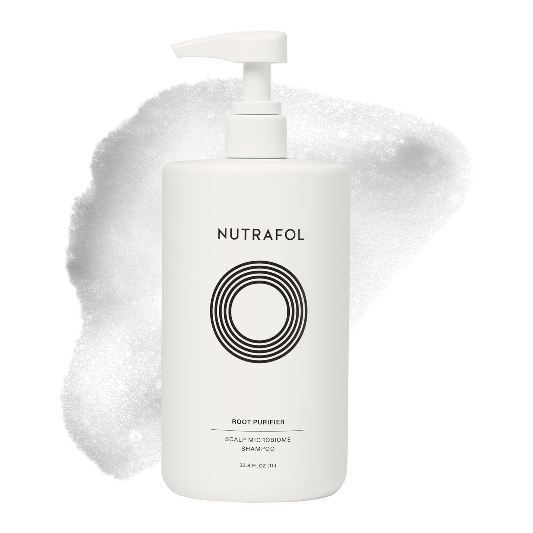 Nutrafol Root Purifier scalp microbiome shampoo 1 liter pump bottle with foam texture