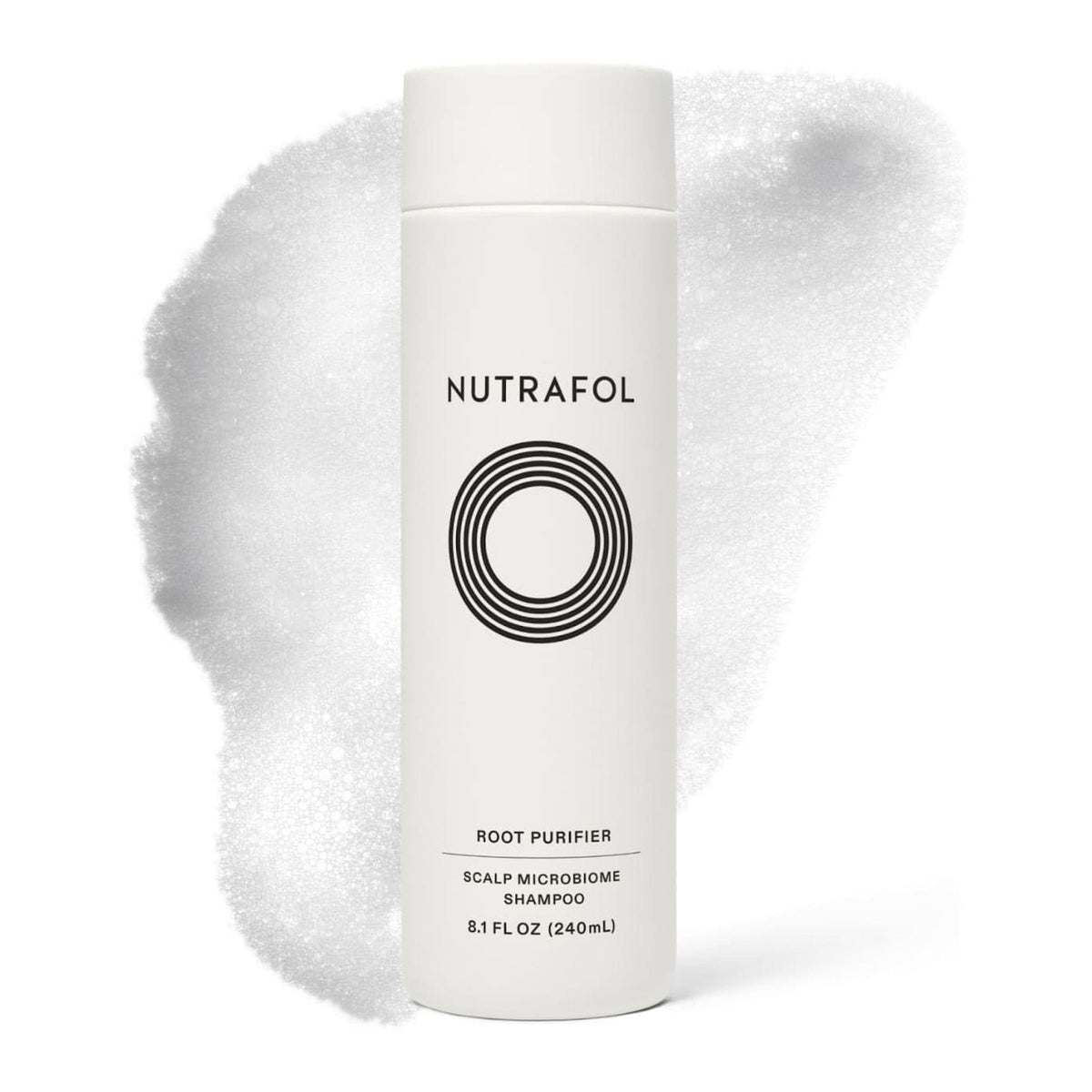 Nutrafol Root Purifier scalp microbiome shampoo 8.1 fl oz bottle with foam texture