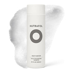 Nutrafol Root Purifier scalp microbiome shampoo 8.1 fl oz bottle with foam texture