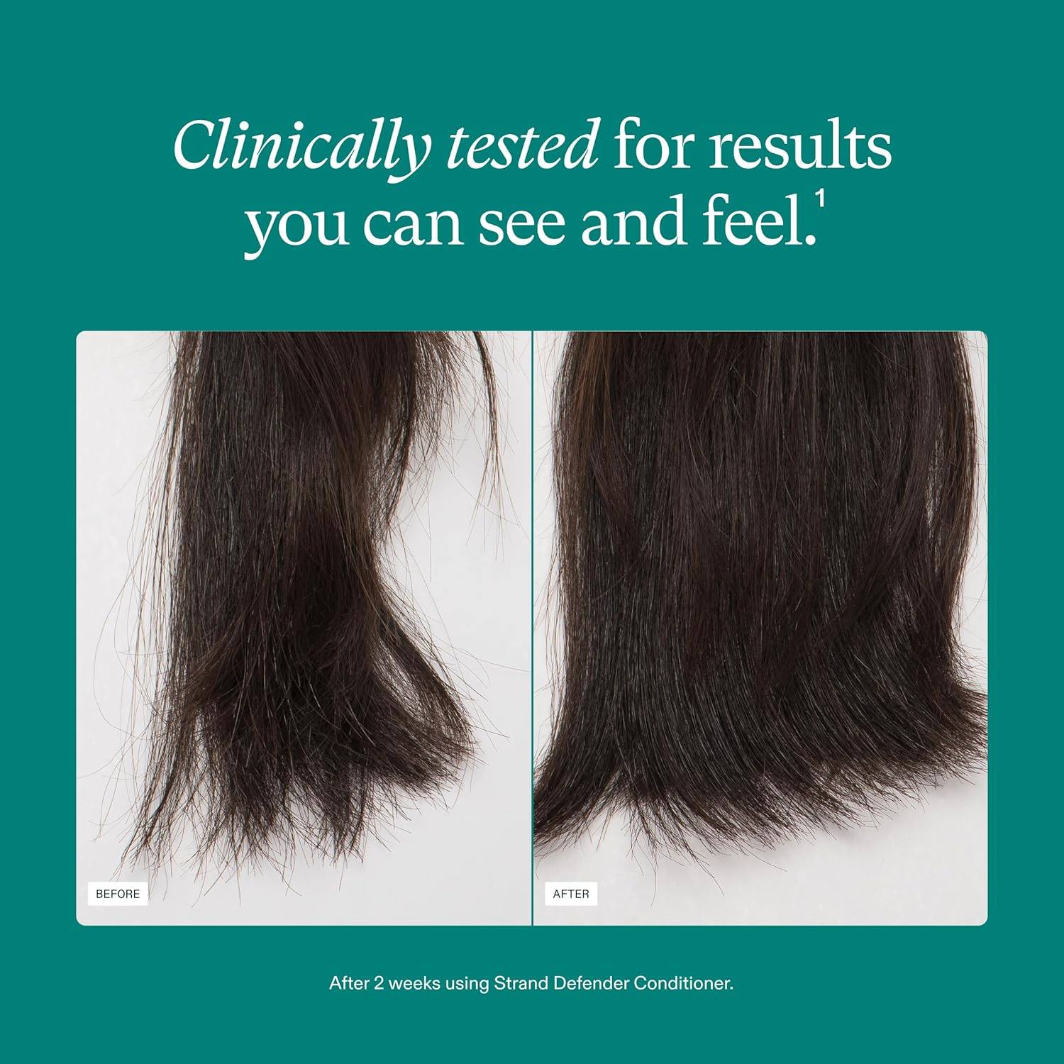 Before and after hair results using Nutrafol Strand Defender conditioner