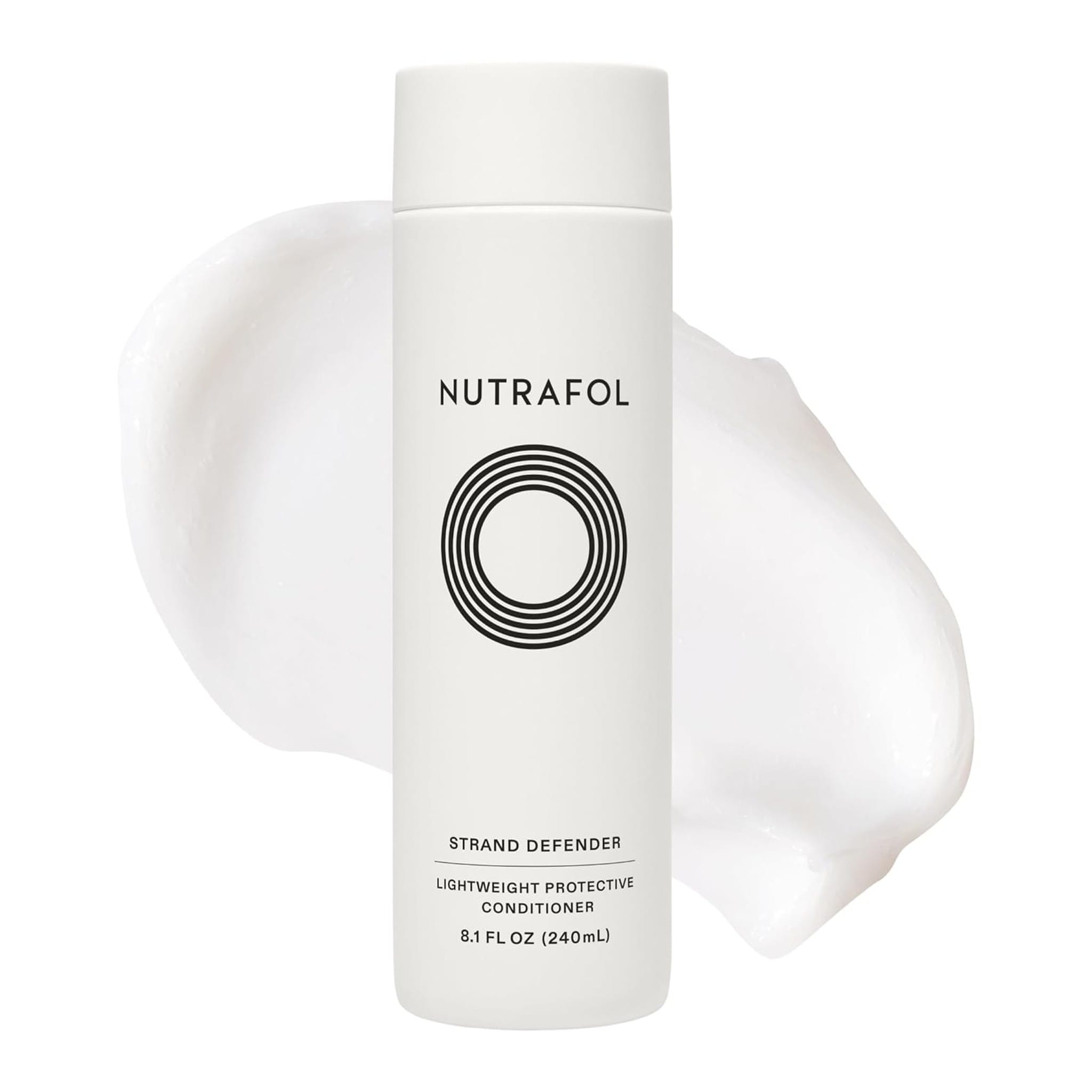 Nutrafol Strand Defender lightweight protective conditioner bottle with cream texture swirl