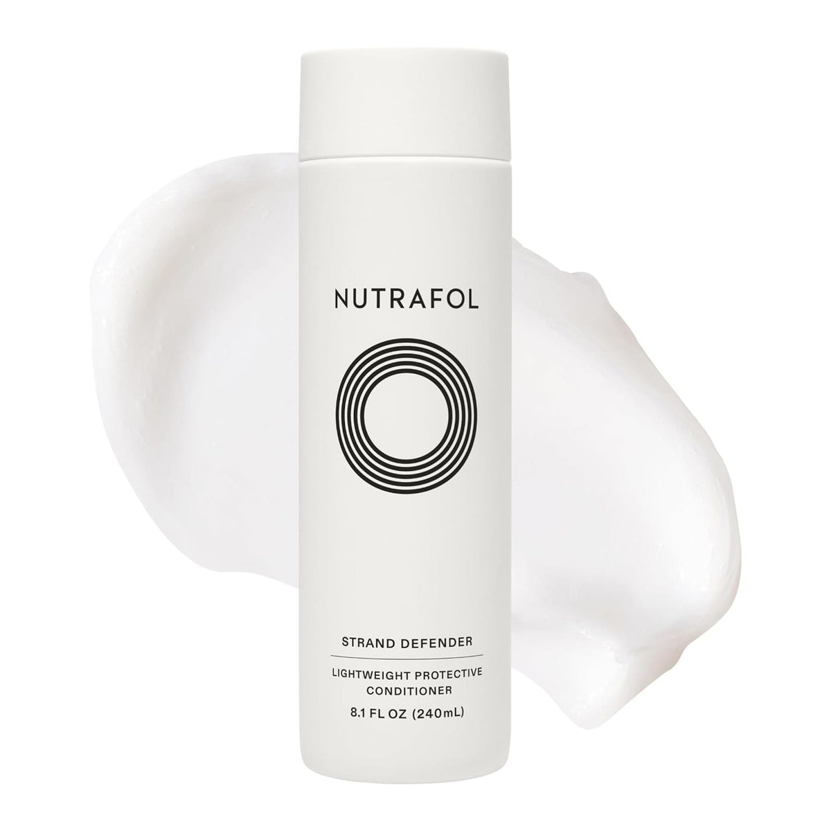 Nutrafol Strand Defender lightweight protective conditioner bottle with cream texture swirl