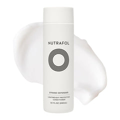 Nutrafol Strand Defender lightweight protective conditioner bottle with cream texture swirl