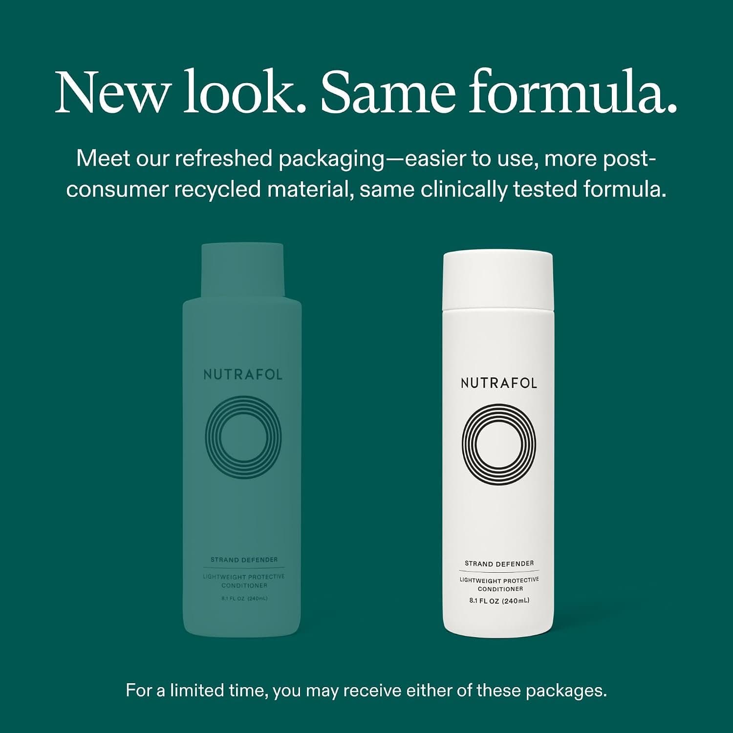 Nutrafol Strand Defender new packaging design compared to previous conditioner bottle