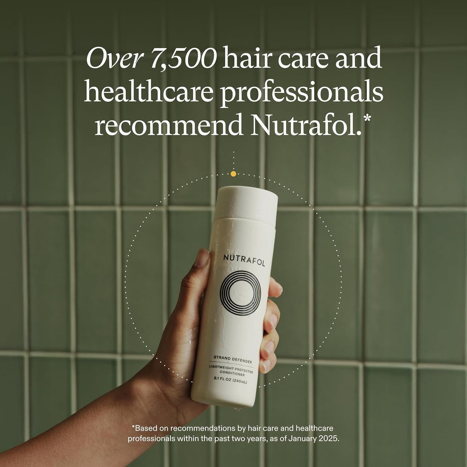 Hand holding Nutrafol Strand Defender endorsed by hair and healthcare professionals