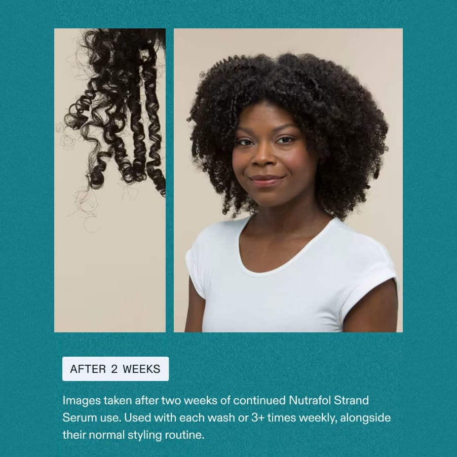 Woman with defined coily curls after 2 weeks of Nutrafol Strand Serum used with her normal styling routine