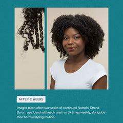 Woman with defined coily curls after 2 weeks of Nutrafol Strand Serum used with her normal styling routine