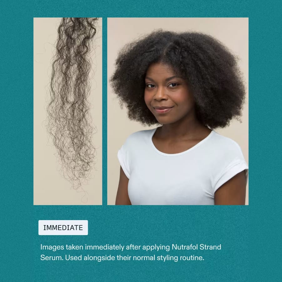 Woman with voluminous natural hair and a loose strand sample immediately after applying Nutrafol Strand Serum