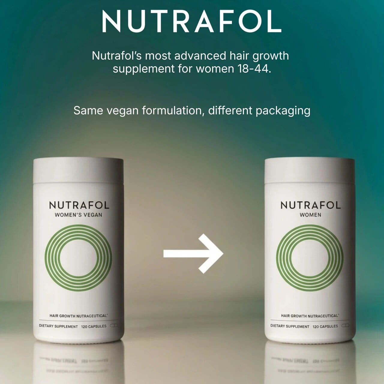 Nutrafol Women's Vegan bottle transitioning to updated Nutrafol Women packaging