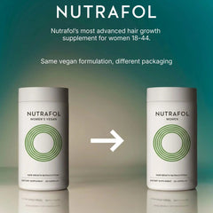 Nutrafol Women's Vegan bottle transitioning to updated Nutrafol Women packaging