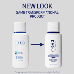 Two bottles of Obagi Nu-Derm Gentle Cleanser with text indicating a new look and transformational product.