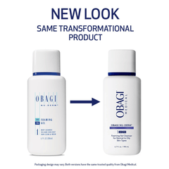 Obagi Nu-Derm Foaming Gel bottles with text indicating a new look but same transformational product.