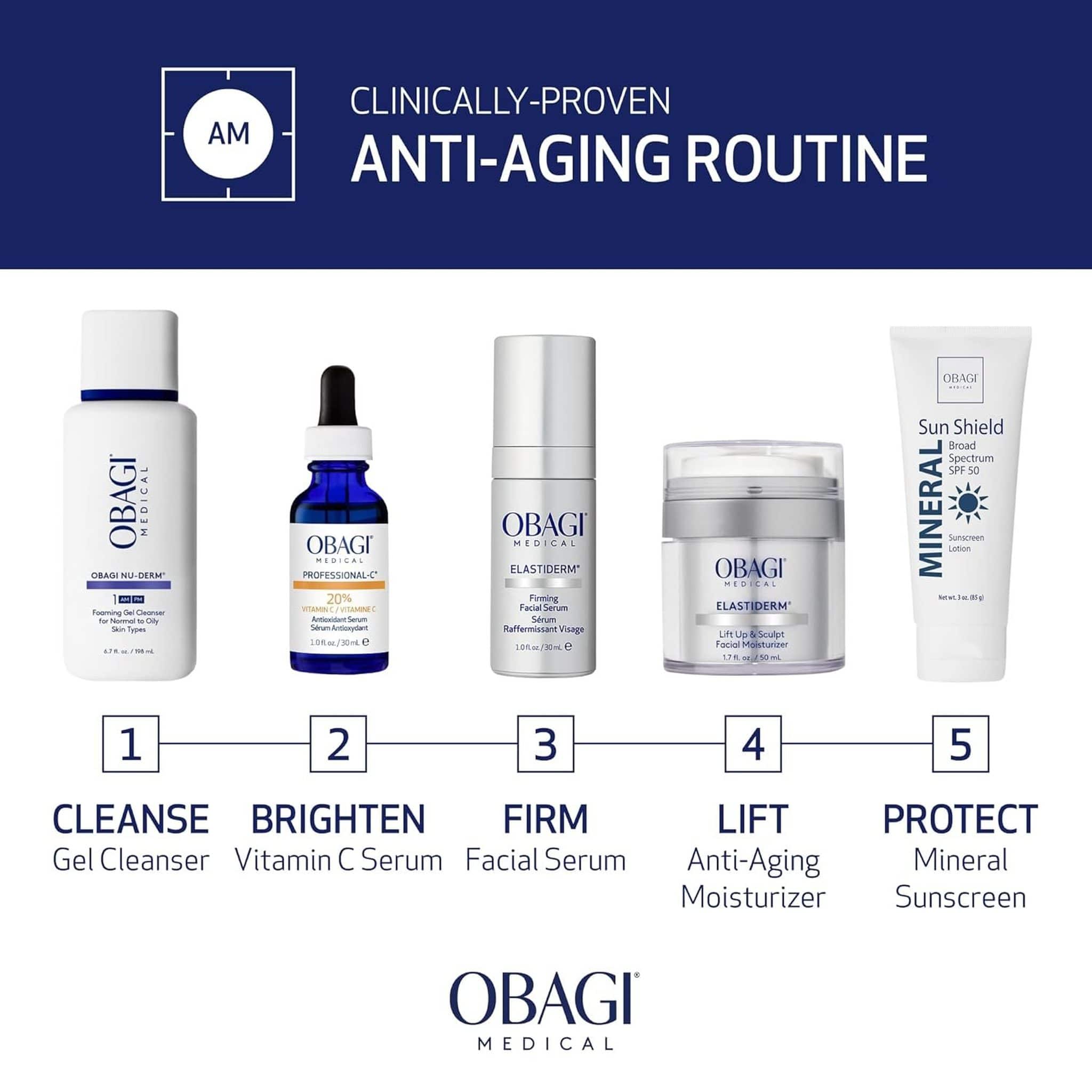 Obagi Medical ElastiDerm 5-step AM anti-aging skincare routine cleanse brighten firm lift protect