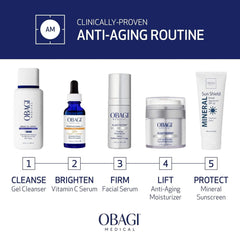 Obagi Medical ElastiDerm 5-step AM anti-aging skincare routine cleanse brighten firm lift protect
