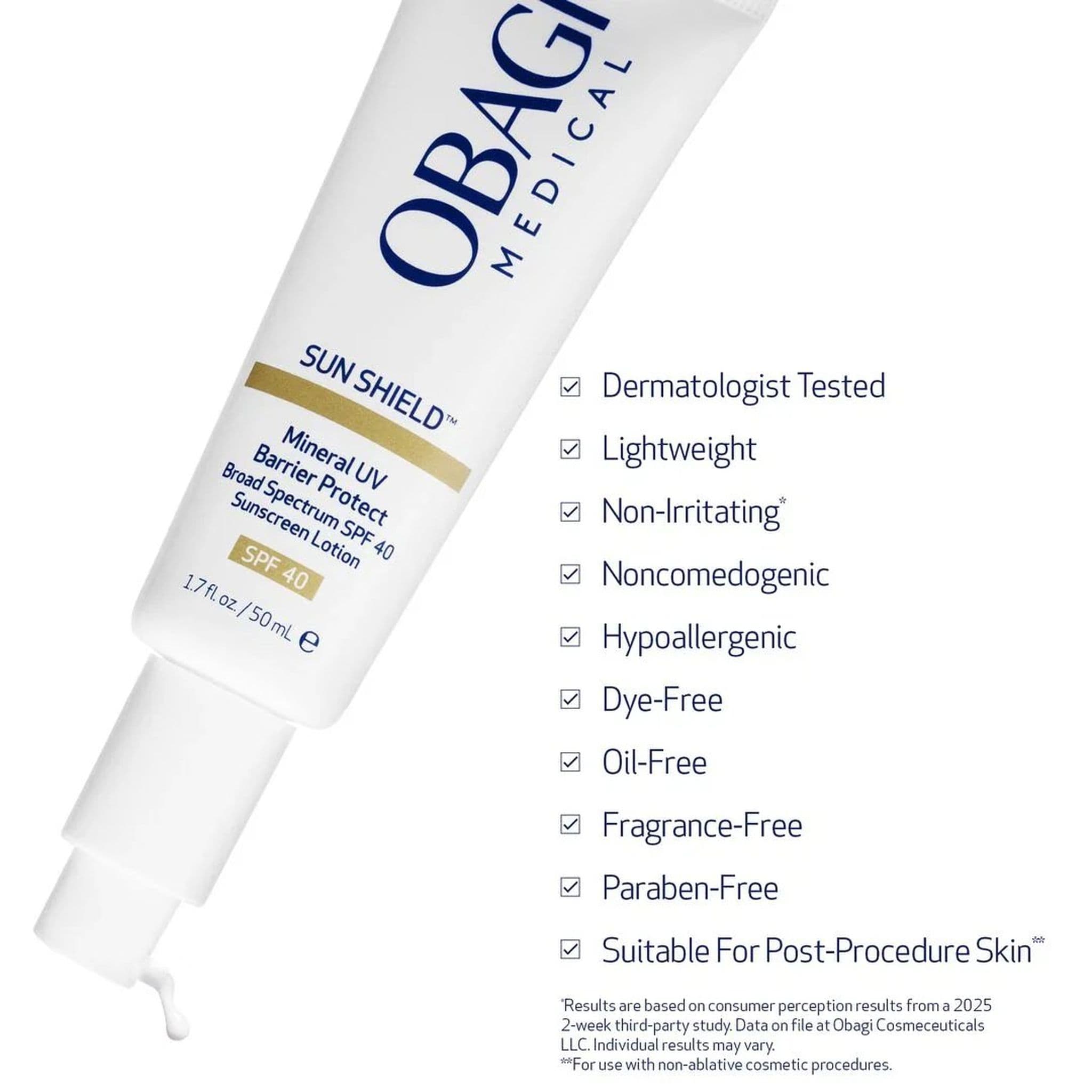 Obagi Sun Shield SPF 40 dermatologist tested lightweight noncomedogenic hypoallergenic oil-free fragrance-free paraben-free sunscreen