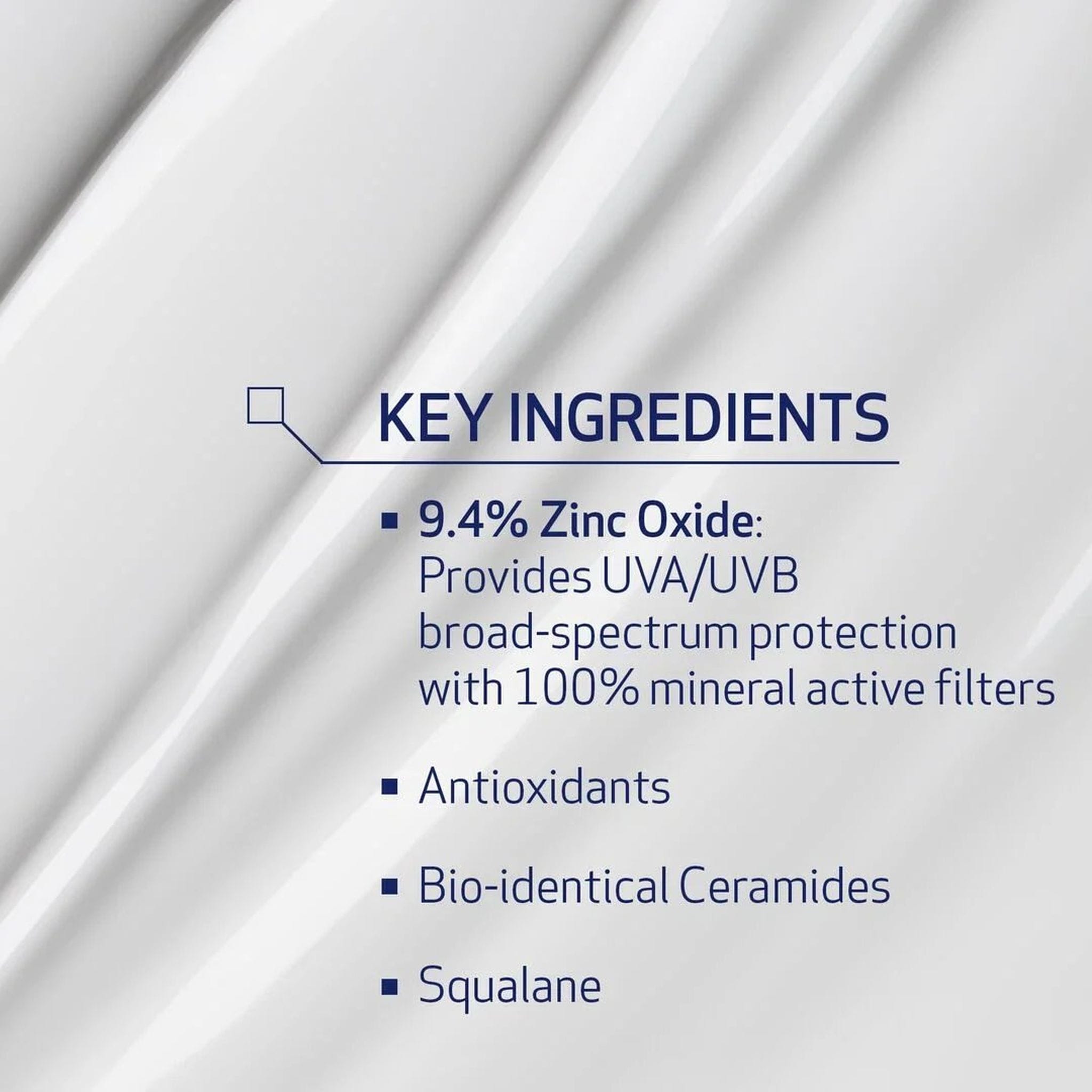 Obagi Sun Shield SPF 40 key ingredients zinc oxide antioxidants bio-identical ceramides squalane broad spectrum UVA UVB protection