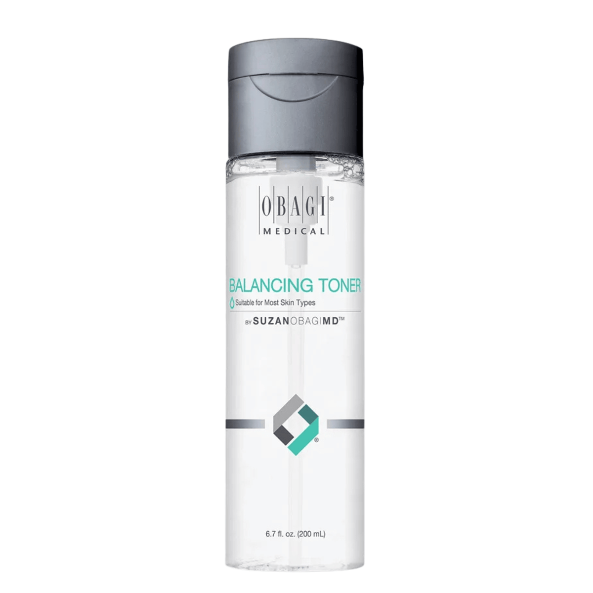 Obagi SUZANOBAGIMD Balancing Toner in a clinical white pump bottle with silver accents for sensitive skin.