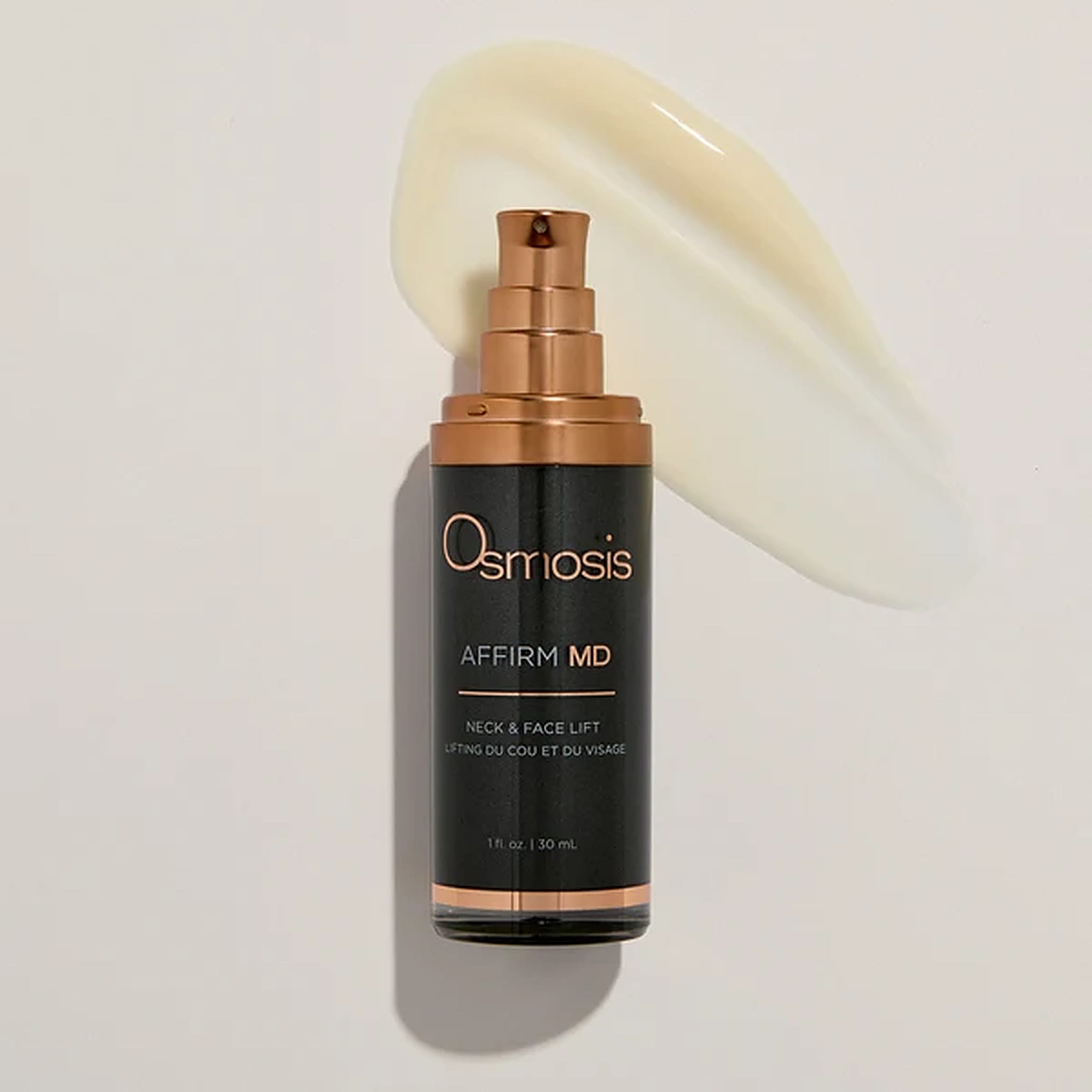 Osmosis Affirm MD Neck and Face Lift serum pump bottle with creamy texture swatch