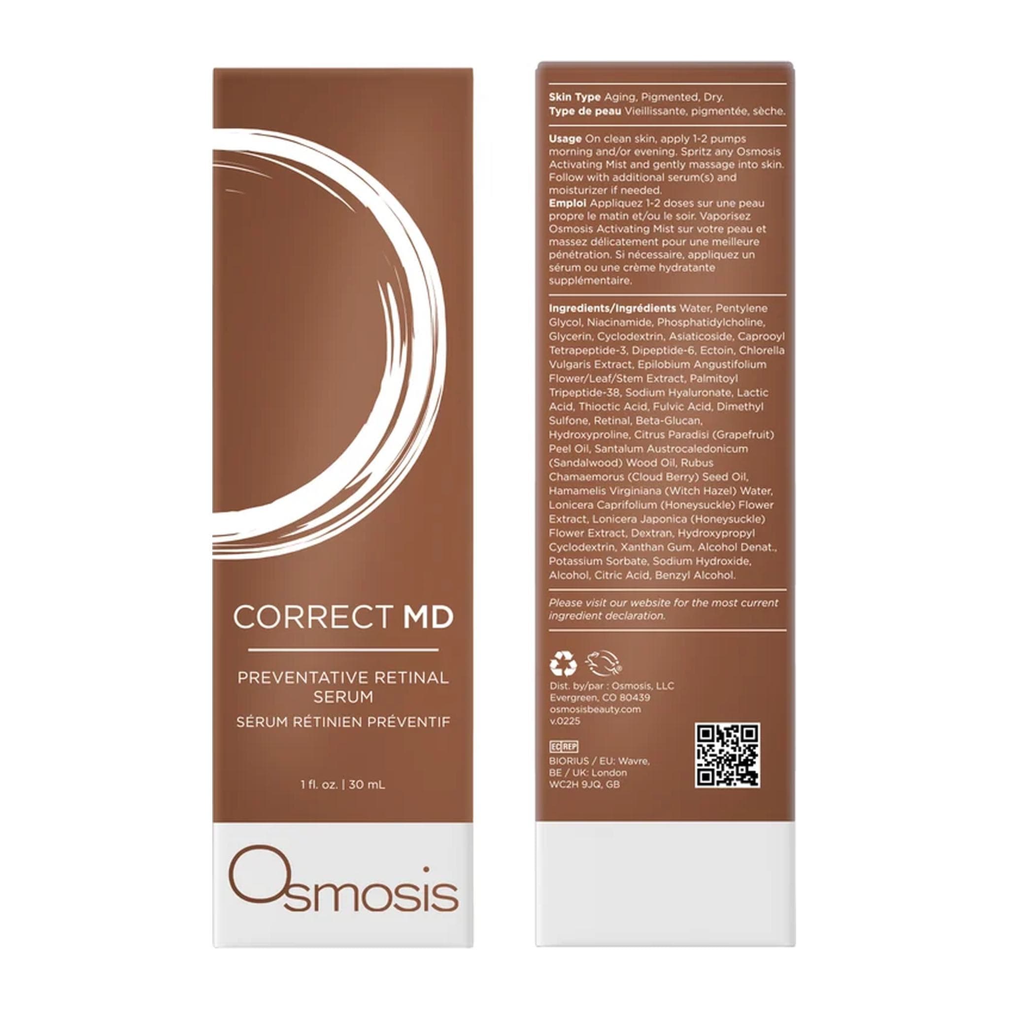 Osmosis Correct MD Preventative Retinal Serum box front and back with ingredients and usage directions