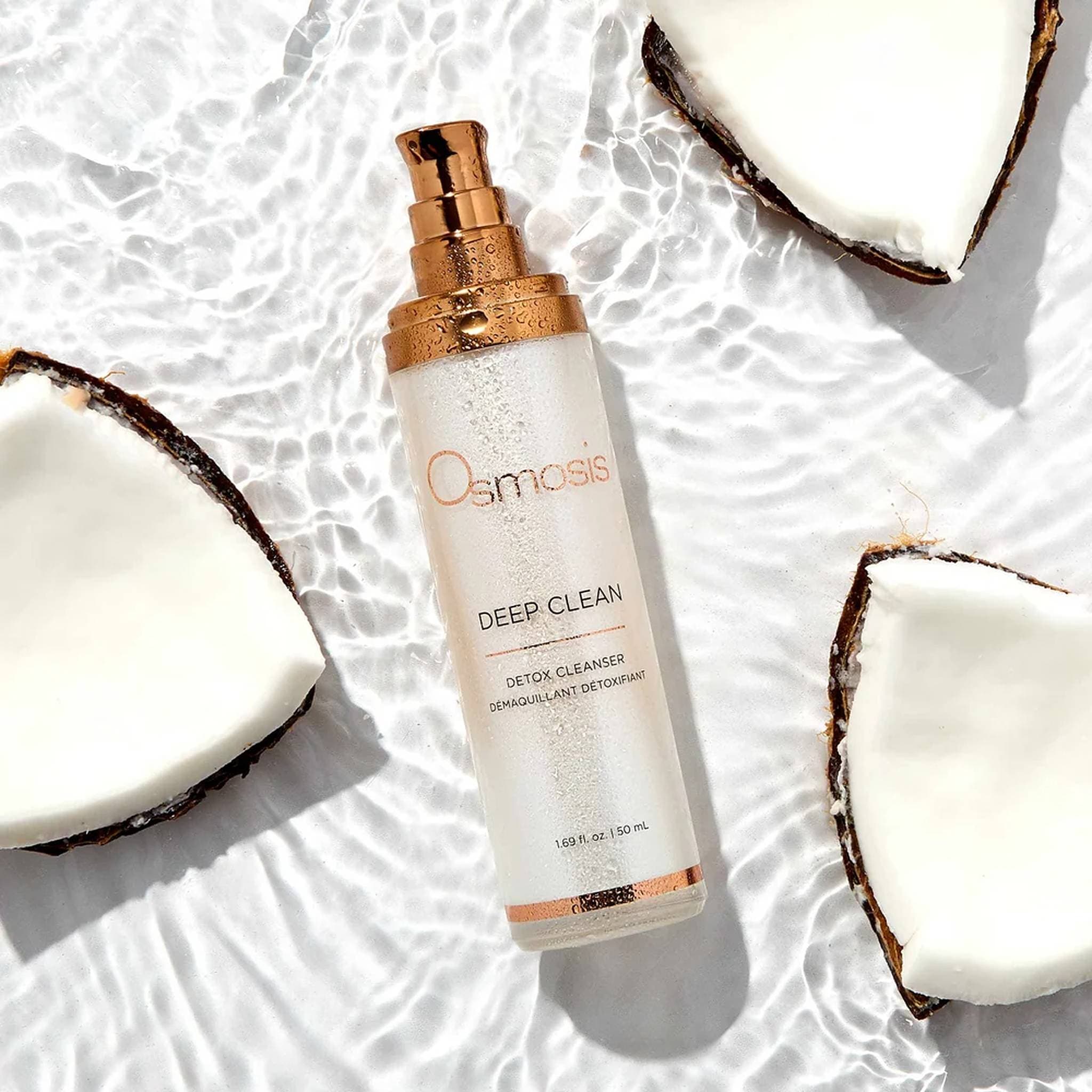 Osmosis Deep Clean Detox Cleanser in water with fresh coconut pieces