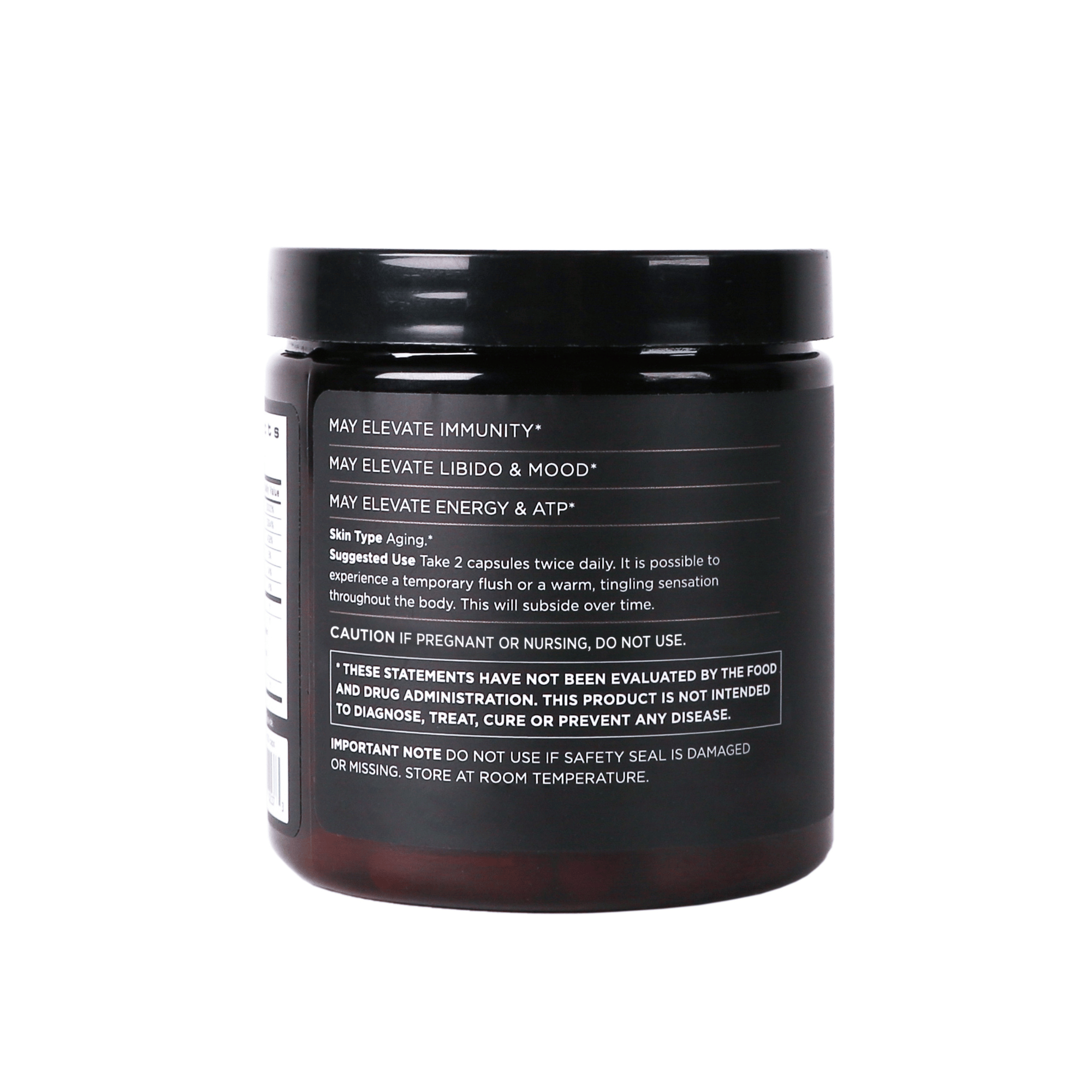 Black supplement container with white text on a white background