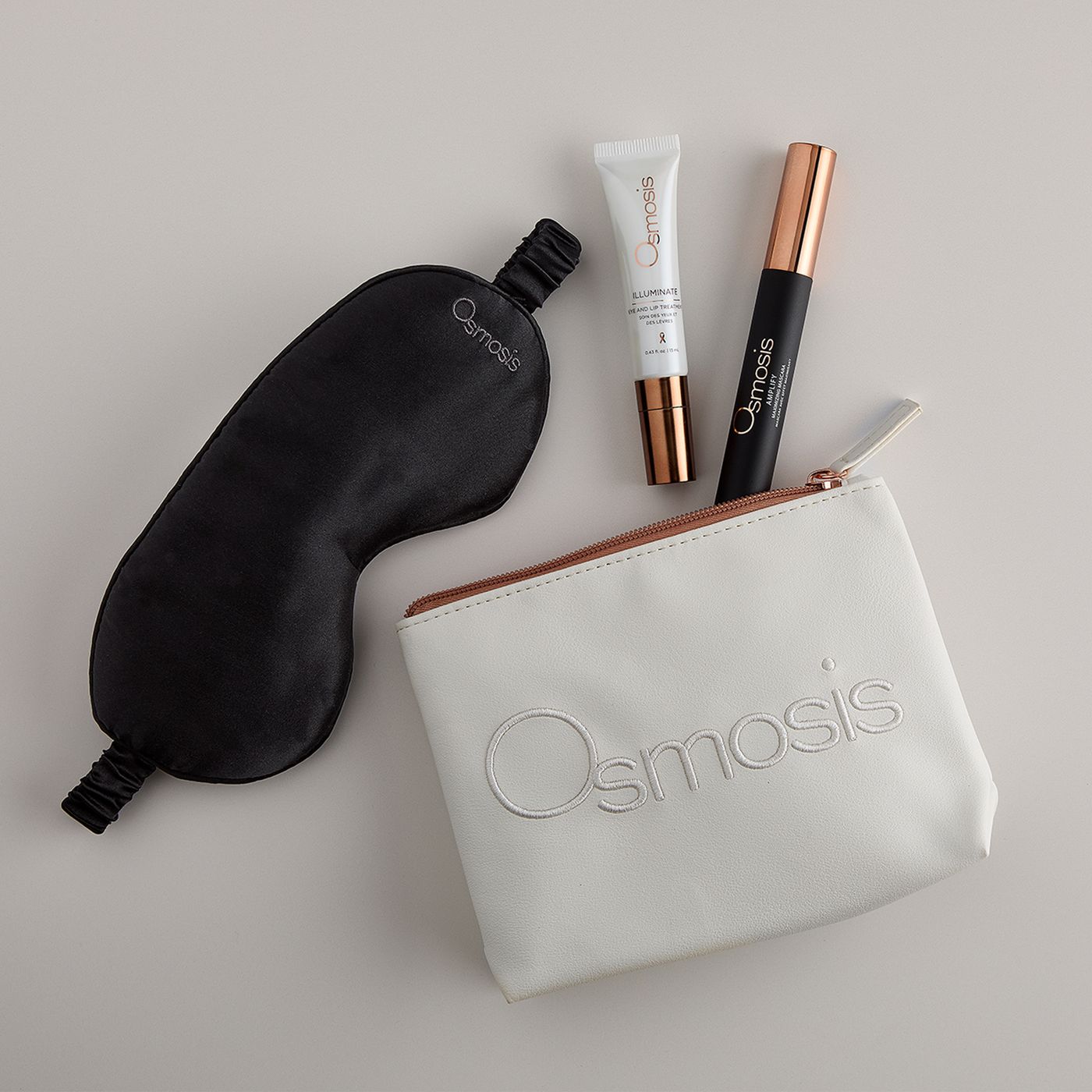 Osmosis Merry and Bright Eye Kit with Illuminate treatment Amplify mascara and silk sleep mask